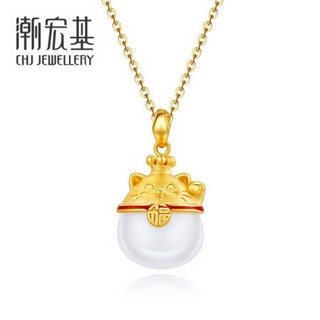 潮宏基 CHJ JEWELLERY 福气招财猫 足金黄金吊坠和田玉金镶玉女款定价 XPG32800187 约1.2g