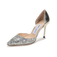 周仰杰 JIMMY CHOO 女士闪光面料/皮革尖头高跟鞋香槟色 ESTHER 85 QSZ 194 CHAMPAGNE CHAMPAGNE 38码