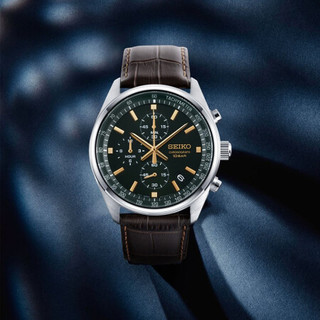 精工（SEIKO）男表 计时系列商务三眼休闲时尚复古绿盘皮带石英手表 SSB385P1