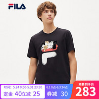 FILA x Pepe Shimada斐乐官方情侣短袖T恤男女2021夏纯棉猫咪插画上衣男女 正黑色-BK(男友款) XL