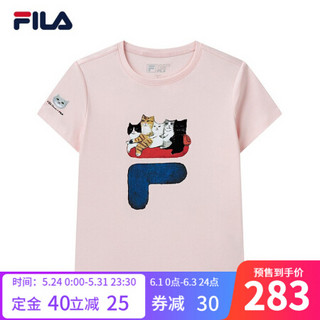 FILA x Pepe Shimada斐乐官方情侣短袖T恤男女2021夏纯棉猫咪插画上衣男女 香莓粉-PK(女友款) 3XL