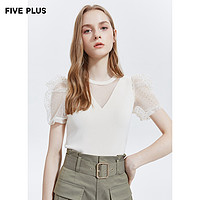 Five Plus 5+ 女夏装泡泡袖针织衫女短袖套头上衣潮拼接网纱气质