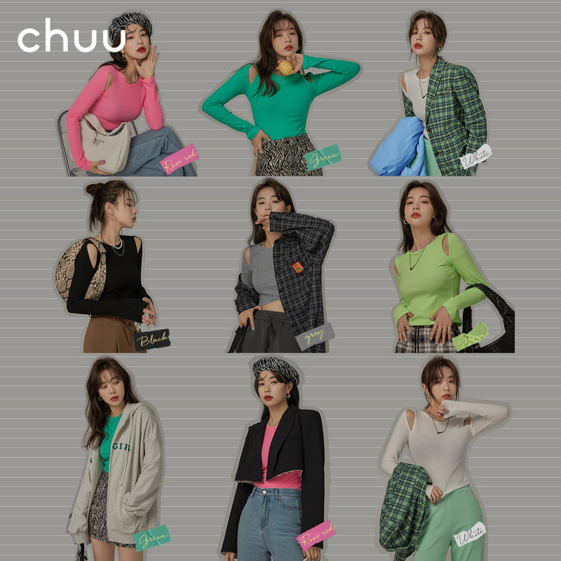 CHUU心机上衣女2021年新款春夏季糖果色修身长袖露肩T恤打疫苗装 M 白色