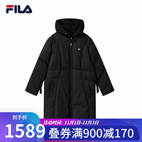 FILA 斐乐官方 女子长款羽绒服 2020冬季新款经典休闲时尚白鸭绒外套 正黑色-ABK 165/84A/M