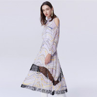 春夏立领露肩印花百褶蕾丝连衣裙 XL 紫色