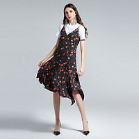 春夏V领印花不规则碎花吊带连衣裙 XL 黑色