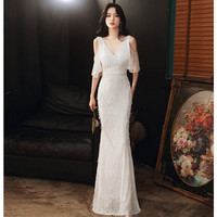 白色鱼尾晚礼服女2021新款长款高端大气名媛高贵主持人连衣裙V领