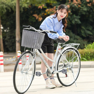 永久 通勤自行车男女24/26寸铝合金低跨度带车篮单车禧玛诺7级速变速城市代步车 QF011  24寸7变速 浅蓝色 .