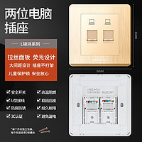 鸿雁（HONYAR） 鸿雁开关插座L86 拉丝金电源墙壁错位五孔插座面板套餐 双电脑