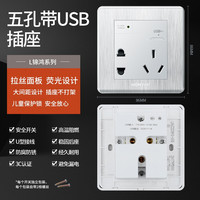 鸿雁 86型开关插座面板 拉丝银插座五孔空调电脑一开插座面板可选L86银色 五孔双USB插座