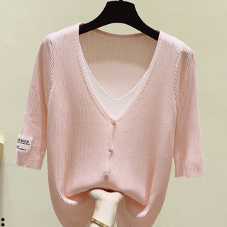 纯色假两件针织开衫女拉夏贝尔旗下2021夏季中袖简约V领开衫 S 粉色