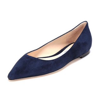 周仰杰 JIMMY CHOO 女士绒面皮革尖头平底鞋海军蓝色 ROMY FLAT SUE 247 NAVY 38.5码