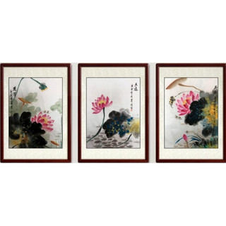 尚得堂 墨翁 《荷花三联画》 50*70cm 客厅挂画装饰 木质装裱