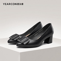 YEARCON 意尔康 女鞋 5.5cm高跟鞋女粗跟2021春季新款真皮单鞋女尖头方扣蝴蝶结职业工作鞋女 黑色 36