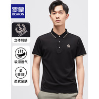 罗蒙(ROMON)男士短袖T恤2021夏季新款休闲打底衫中青年纯色翻领POLO男 黑色 175