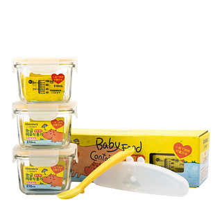 Glasslock baby 婴儿辅食盒勺子套装 玻璃带刻度 冷冻密封保鲜储存盒 带盒感温硅胶软勺 儿童餐具