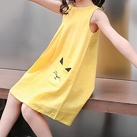 女童连衣裙儿童可外穿家居服纯棉亲肤小清新可爱猫咪口袋连衣裙 150 黄色