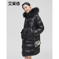 艾莱依羽绒服女冬中长款白鸭绒2021年新款反季轻奢大毛领外套 6021401164 炭黑 160/84A/M