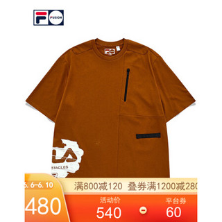 FILA FUSION 斐乐潮牌男装针织短袖衫2021夏秋新款运动圆领T恤男 釉褐色-DR（宽松版型，建议拍小一码） 165/88A/S