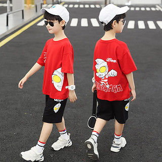 奥特曼联名衣服童装男童夏装短袖套装2021新款中大儿童韩版潮 120 红色