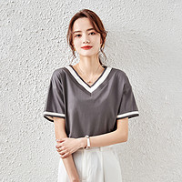 【纯棉V领短袖t恤】拉夏贝尔旗下2021夏季新款时尚拼接女式T恤 M 深灰