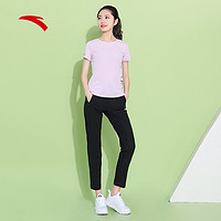 安踏 运动套装女装 2021官方旗舰夏季新款短袖长裤跑步健身瑜伽两件套 鸢尾紫/基础黑 165/M