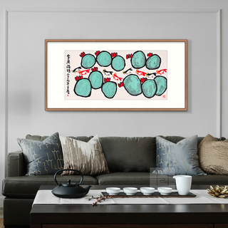 橙舍 崔子范国画水墨画《金鱼满塘》画框尺寸60cm*120cm 宣纸 黄杨木画框