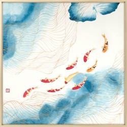 尚得堂 新中式手绘国画入户玄关画鲤鱼挂画现代轻奢斗方九鱼图餐厅装饰画