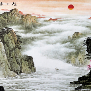 泓砚 HONGYAN客厅装饰画山水画 聚宝盆风水壁画 80x165cm 宣纸 实木外框+有机玻璃