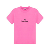 巴黎世家 BALENCIAGA 女士棉质圆领短袖T恤粉色LOGO刺绣 612964 TJVD9 5764 M码