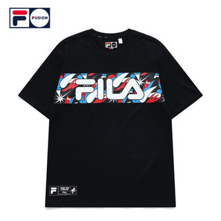 FILA FUSION 潮牌男装短袖衫2021夏秋新款印花LOGO运动宽松T恤男 深黑-BK（宽松版型，建议拍小一码） 180/100A/XL