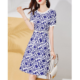 21年新款连衣裙夏几何字母撞色印花收腰显瘦时尚大方气质短袖裙 M 蓝白色