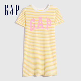 Gap女童LOGO纯棉短袖连衣裙696671夏季2021新款童装宽松圆领T恤裙 黄色条纹 110cm(110cm(XS))