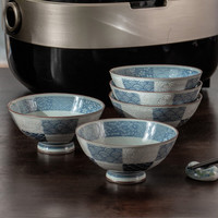 美浓烧（Mino Yaki）  日本进口陶碗 日式和风高脚釉下彩海波纹斗笠饭碗5入套碗 单个