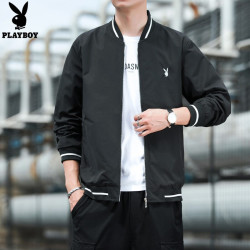 PLAYBOY 花花公子 夹克男休闲秋季薄款立领外套潮流短立领修身棒球服衣服男装 SYH5506 黑色 3XL