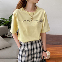 简约纯棉刺绣短袖女式T恤拉夏贝尔旗下2021夏季宽松圆领上衣 M 黄色