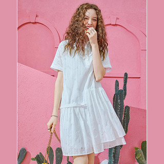 【夏季新款】短袖连衣裙宽松polo领百褶纯色设计感仙女风中长裙 L 仙女白