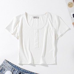 C&amp;A 夏季款女款休闲舒适修身短款短袖T恤时尚个性排扣简约风女式体恤