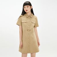 新款纯棉抽绳束腰工装贴袋连衣裙女款 M 虎眼石卡其(82)