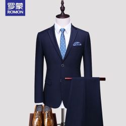 ROMON 罗蒙 西服套装男2021正装修身商务休闲男士西装礼服伴郎服2XF9721-2 藏青(双扣两件套) XL