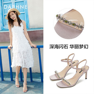 Daphne/达芙妮2020年夏方头中空水钻高跟凉鞋璀璨女凉鞋 粉红 37