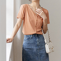 气质V领针织短袖衫 2021夏新款舒适透气短袖上衣潮女式T恤 L 浅橙