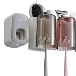 ecoco 意可可 壁挂式牙刷架 四杯+挤牙膏器 灰色