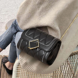 牛皮时尚女包小香风几何锁扣单肩包菱格链条ck风小包潮流斜挎女士包包