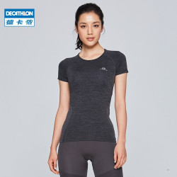 迪卡侬运动上衣女秋季紧身短袖跑步衣服套装瑜伽服健身速干衣WSLT2698456深灰色L