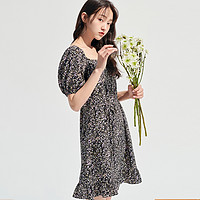 夏季韩版女款网红方领碎花泡泡袖系带法式荷叶连衣裙 L 黑色