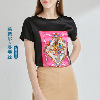 La Chapelle 拉夏贝尔l27d 女款桑蚕丝印花拼接短袖t恤 报价价格评测怎么样 什么值得买