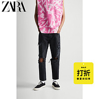 ZARA [折扣季]男装 修身版型破洞古黑色九分牛仔裤 06688466800