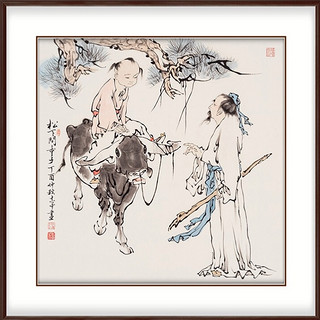 弘舍 陈志中手绘真迹《松下问童子》成品尺寸88x88cm 宣纸 田园柚木