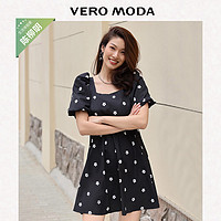 VERO MODA 新款法式复古泡泡袖高腰碎花连衣裙女小黑裙